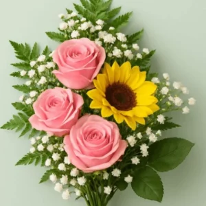 bouquet “sol & doçura” – girassol e rosas cor de rosa